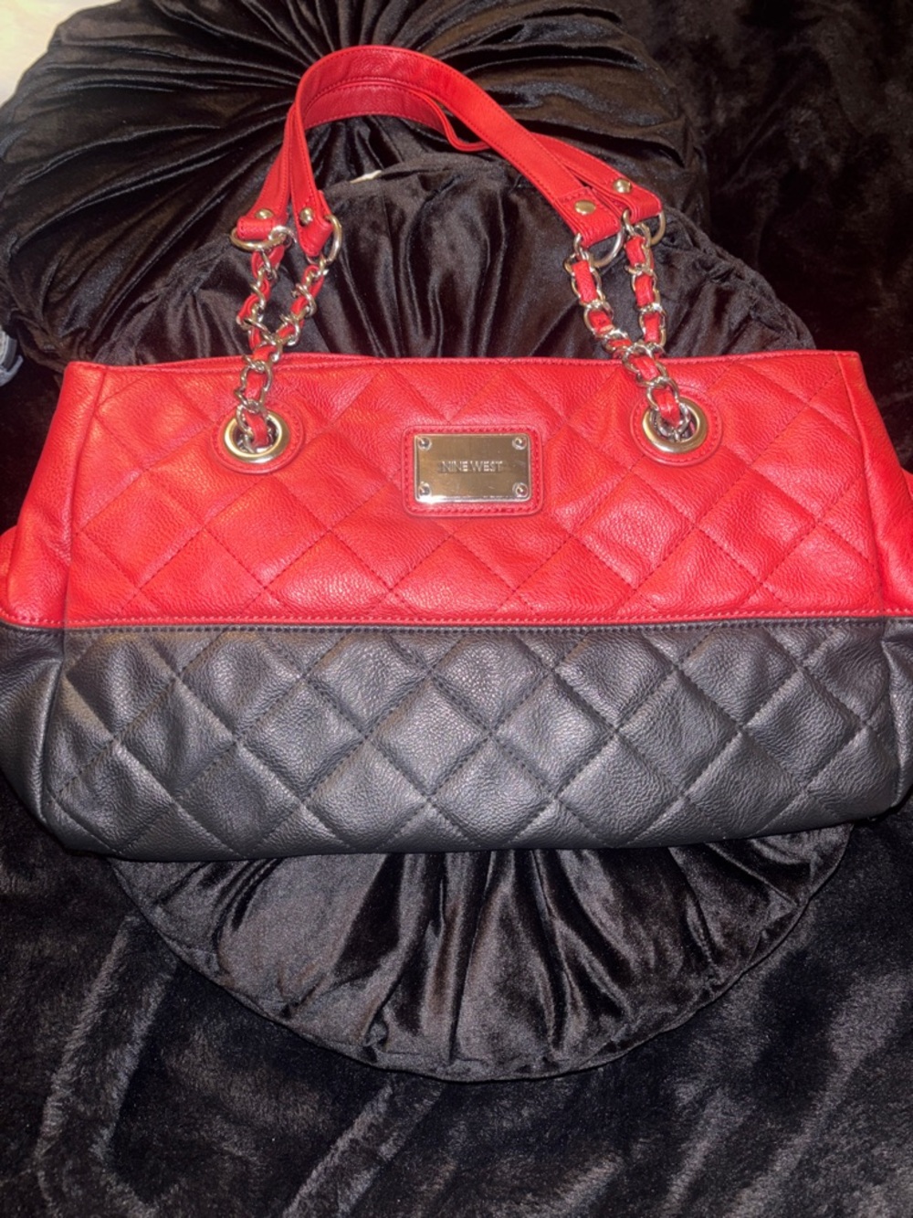 Nine West Red and Black Quilted Chain-Accent Shoulder Bag